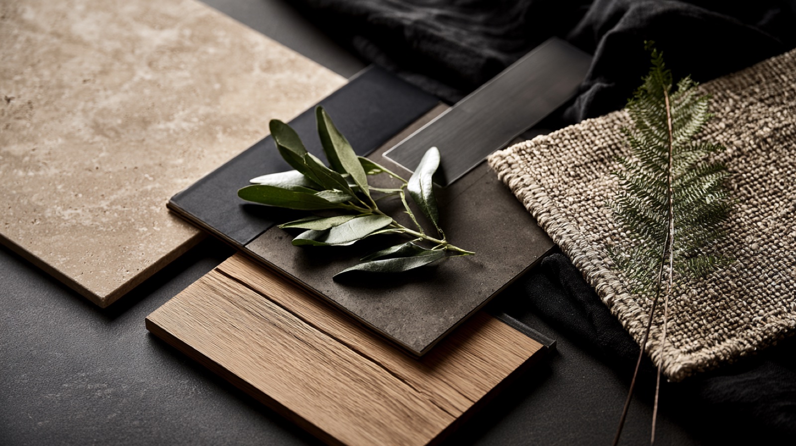 Material samples — travertine, slate, oak, jute and linen