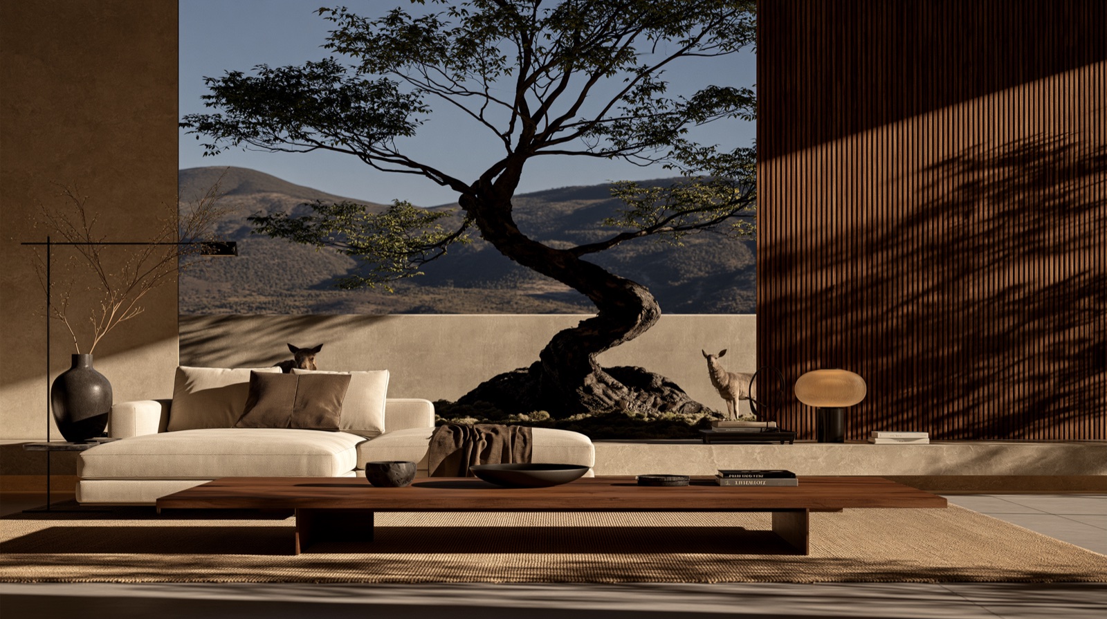 A living room framing the mountain landscape beyond it