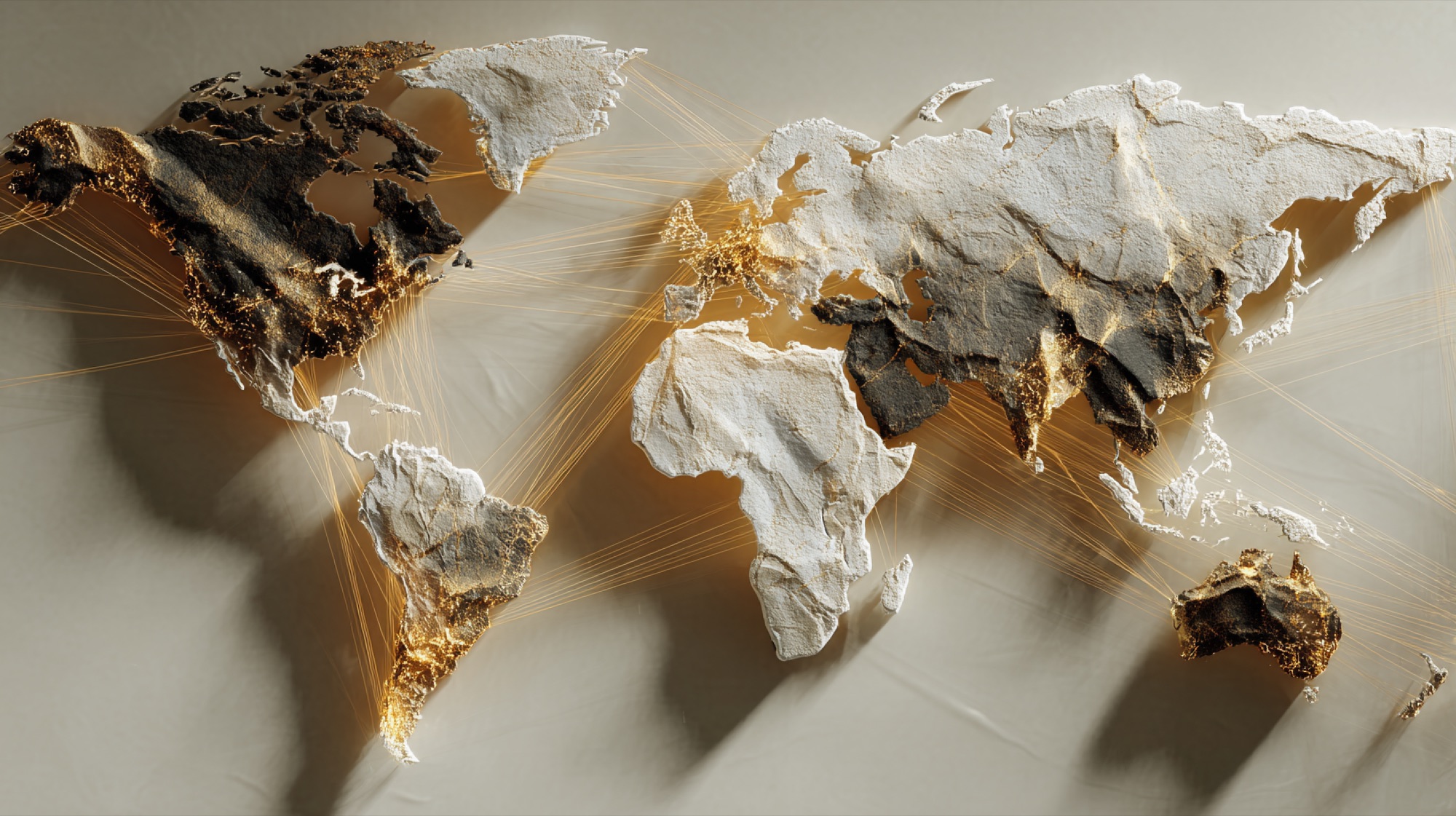World map in plaster and gold thread